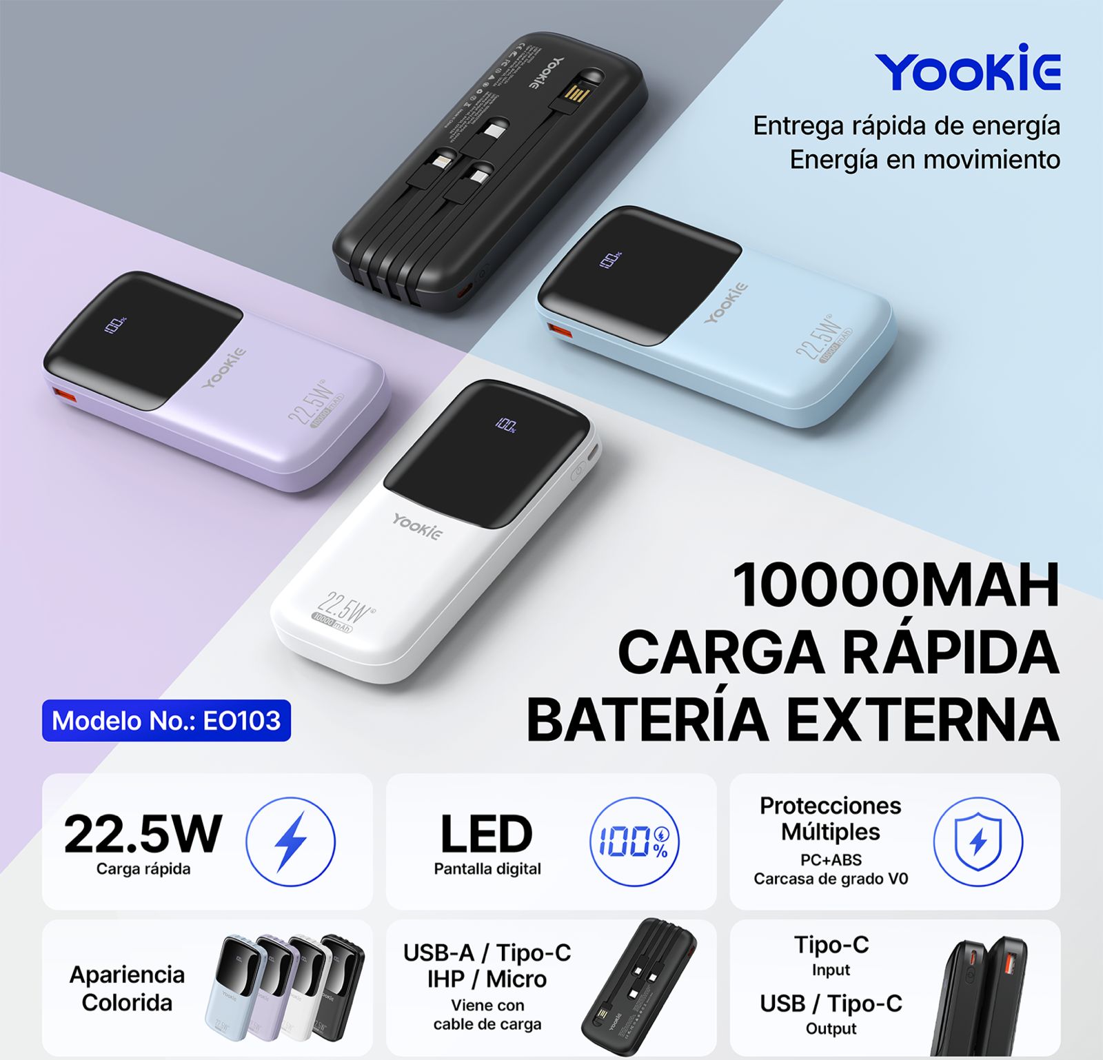 POWER BANK CON CABLE 10.000 MAH CARGA RAPIDA
